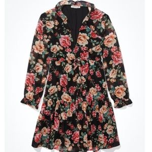 American Eagle Chiffon Babydoll Dress Women's Black Floral XL